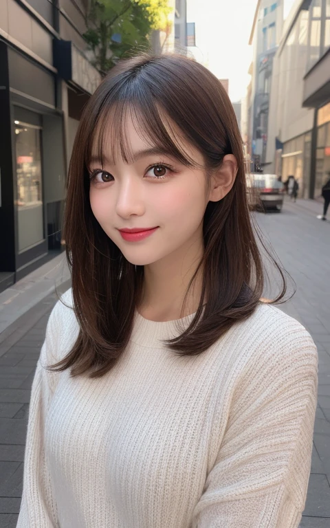 (best quality,highres:1.2),illustration,ultra-detailed,fine details,high resolution,perfect dynamic composition,beautiful detailed eyes,medium hair,natural colored lips,bashful smile,wandering on Aoyama Street,27-year-old girl,black long-sleeved top