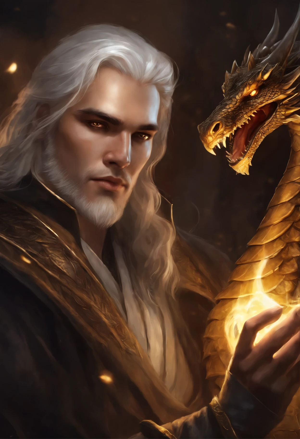 close-up of a man with white hair and yellow eyes, facing the dragon, epic fantasy art style, dark fantasy style art, portrait of fin wildcloak, detailed fanart, Fantasy genre portrait, epic fantasy art portrait, graphic artist magali villeneuve, fantasy male portrait, The Man with the Soul of a Dragon, epic fantasy style art, epic fantasy digital art style