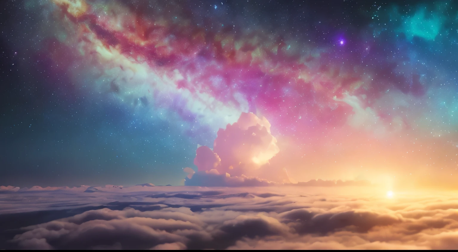 The scene of the appearance of a figure from an unimaginably spectacular glowing cloud、Fractal Nebula Thread、kosmosの実体、Um ser celestial、kosmos、Vibrant and vivid、Whirlpool、Revolutions、Unreal、highly contrast、symbiosis、magia、Mystical、Mystical、surrealistic、Hypersaturated、colourfull A world of nothing
