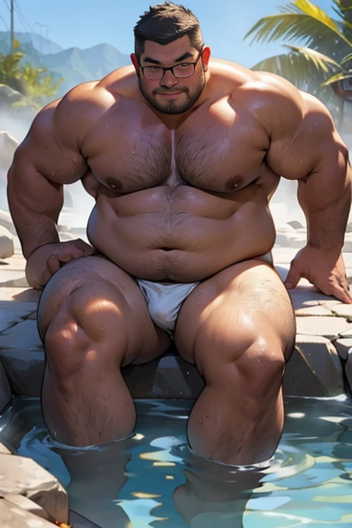 masterpiece,top-quality, in 8K, A fat man is soaking deeply in a large hot spring, Naked, Spread legs, stretch and relax, nerdy, short legs, Bowleg, (fatness: 1.0), Blushing and relaxed fat man, looks sleepy, Bare belly, Bare legs, Shirtless, Glasses, thinning hair, Man with big face, Round face, Wet body, steams, Solo