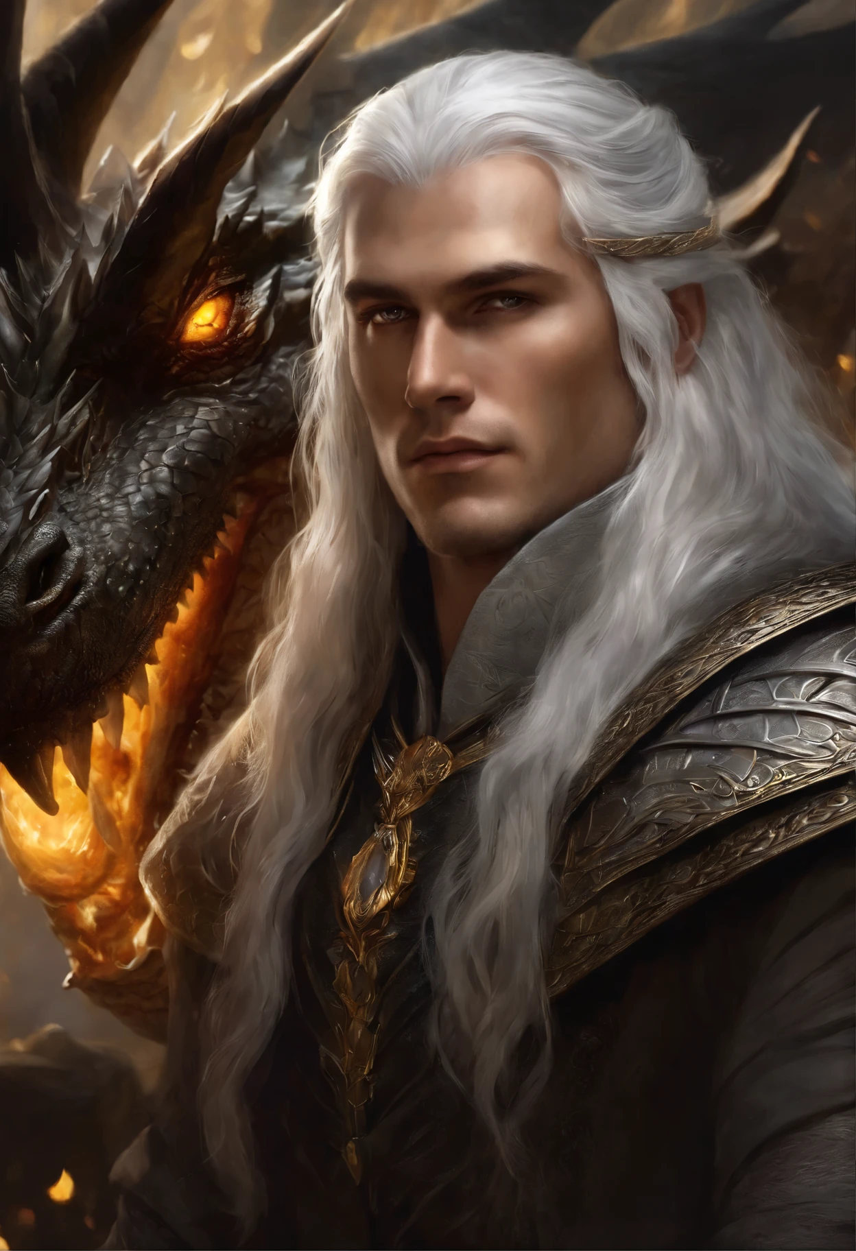 close-up of a man with white hair and yellow eyes, facing the dragon, epic fantasy art style, dark fantasy style art, portrait of fin wildcloak, detailed fanart, Fantasy genre portrait, epic fantasy art portrait, graphic artist magali villeneuve, fantasy male portrait, The Man with the Soul of a Dragon, epic fantasy style art, epic fantasy digital art style