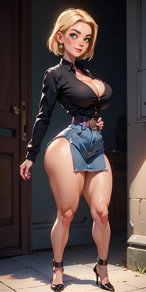 slave female, smirking smile red blush, blindfolded, unparalleled masterpiece, ultra realistic 8k CG, perfect artwork, (1girl:1.1) , solo, ((perfect female figure)), (nsfw), looking at viewer, mature female, bimbo (android 18) standing, (teasing), best quality:1.1 , seductive posture, sexy pose, alluring, (beautiful), (curvy), (thick), blonde hair, (blue eyes:1.2), short hair, earrings, jewelry, denim vest, open vest, black pantyhose, black shirt, denim skirt, striped long sleeves, blue skirt, toned legs, fit, (abs:1.1), (big butt:1.4), peach ass, (athletic body:1.2), (large breasts:1.3, (big_breasts:1.1), wide_hips:1.5, narrow waist, small waist:1.5, slender body:1.2, thick thighs:1.3), (shiny skin:1.2), (hdr), (street:1.2), Nikon D850 film stock photograph Kodak Portra 400 camera f1.6 lens, rich colors, lifelike texture, dramatic lighting, unreal engine, trending on ArtStation, by Gerald Brom, by Frank Frazetta, by Luis Royo, by Julie Bell, by Boris Vallejo