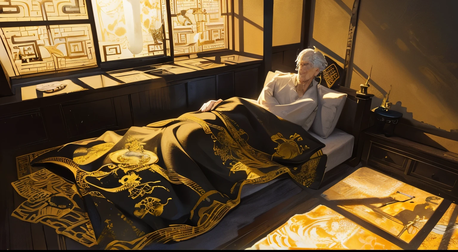 A transparent ghost penetrated the old man's body.the ancient Chinese dark bed room, majestic, glazed tiles, colorful gold rays of light, ((color ink)),((splash ink)),((splash ink) ink}) ), masterpiece, high quality, Refined graphics, high detail
