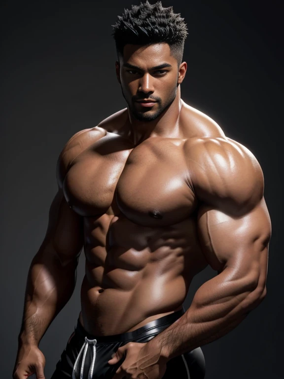 8K，8K分辨率，Muscular blacks, cool guy，Sexy and charming eyes，Dark skin,Fine, smooth and shiny，Plump pectoral muscles，Naked， short white pantig bag，Highlight，best qualityer，profesional lighting，professional photoshooting，Realistic photos，realistic model，photorealistic  art