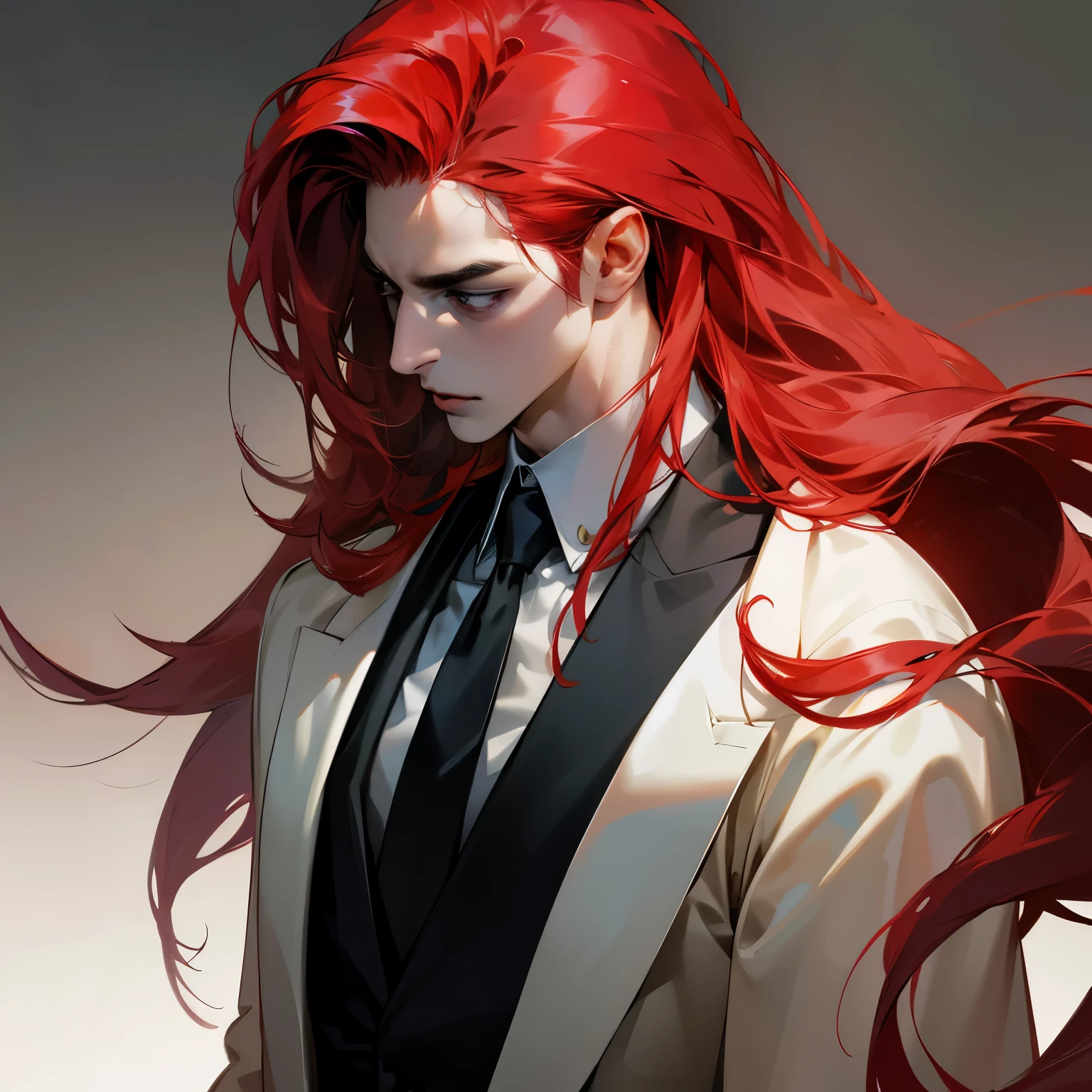 (best quality, highres, ultra-detailed, realistic:1.37), 1 tall muscular guy with very long hair, dressed in a black suit and a red tie, standing in a modern office. His striking red hair complements his captivating grey eyes. Notably, he has elegant red tentacles protruding from his head, creating an intriguing contrast with his droopy and tired eyes.
