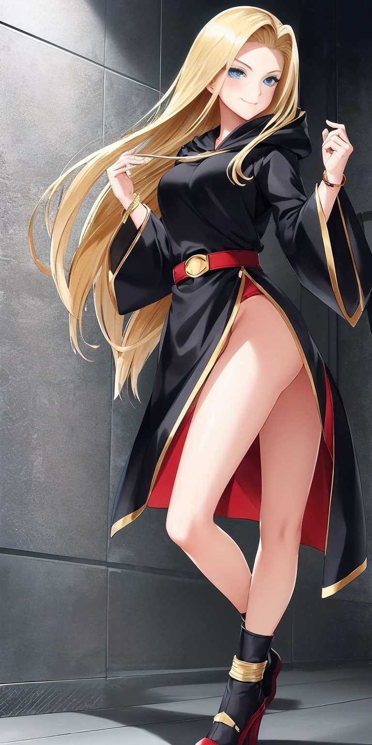 (Masterpiece, SFW)) full-body close-up, android 18 from dragon ball, lustful smirking smile expression (red blush), (1girl), slim figure) solo, 1girl,slave warrior with 2 legs and 2 arms tied to a bed, bondage MAGICIAN, FEMALE FOCUS, GRAY BACKGROUND, WIZARD, FULL BODY, STANDING, HOOD, ROBE, MILF, JEWELRY, LONG BLONDE HAIR, BRACELET, WIDE SLEEVES, WOMAN, BELT, GEMSTONE, LONG SLEEVES, FEMALE VERSION