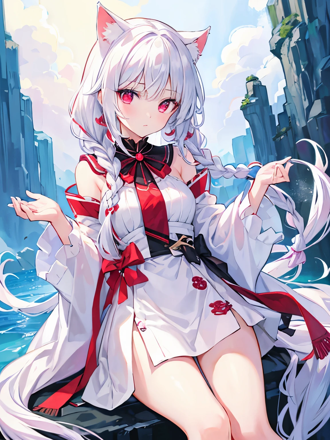 White hair, anime, shoujo, shrine, white cat ears, red witch costume, snow, red umbrella, red eyes, snow, white stockings