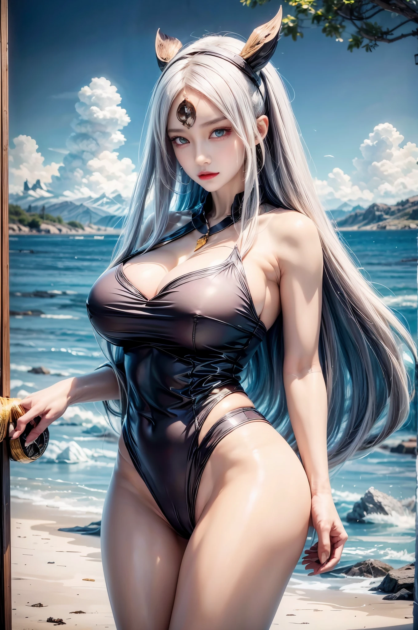 realistic, 1 women, best quality, 12k, HD, long hair, big round breasts, cleavage, ponytail, necklace, jewelry, shorts, short jacket, slim hips, hair tie, yellow eyes, black hair, super detailed, Eye details, hair details, person details, mouth details, face details, breast details, clothes details, hair details, pants details, hand details, whole body