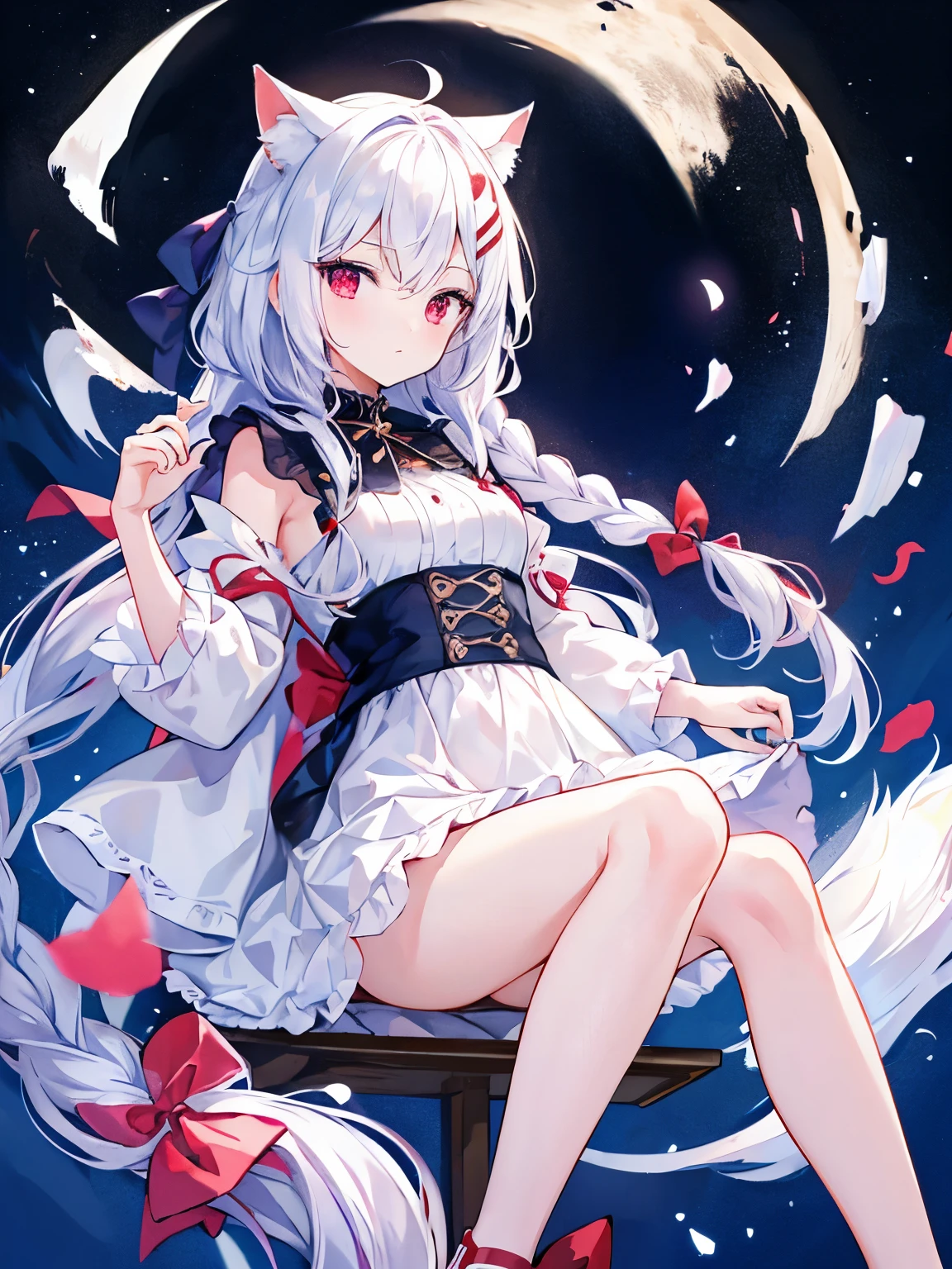 masterpiece, Highest quality, beautiful, high resolution, perfect anatomy, top-quality、 8K、 red eyes, white hair, long hair, Hairstyle with a tuft of braids hanging down from around the bangs on one side, White cat ears, White cat tail, a beauty girl、 Nice、 Beautiful hair、 Beautiful eyes、 Beautiful skin、Beautiful legs、Beautiful arms、Perfect fingers、 Very cute、 Very kawaii、