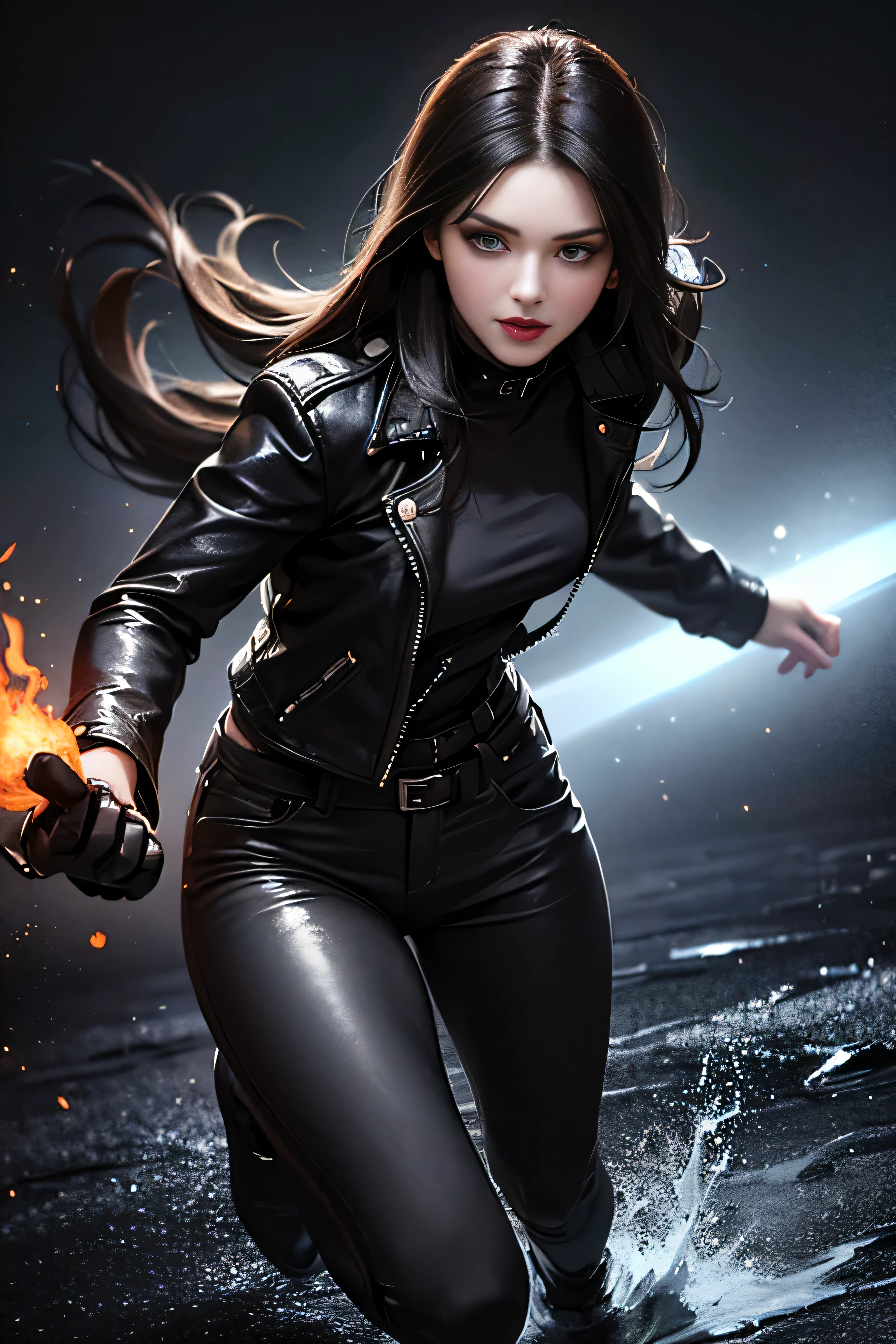 (skindentation:1.5), Realistic, Photorealistic, (masterpiece:1.5), concept art, intricate details, highly detailed, photorealistic, octane render, 8k, unreal engine, dynamic pose, best quality, highres, (realistic face:1.1), (hyperrealistic:1.1), (((full_body))), perfect eyes,(shiny skin:1.2), (((hairstyle))), (((perfect handtremely detailed background), ((dynamic background)), ((1girl)), wearing black leather jacket, black leather long pants, black t-shirt, black bootlowing jacket))), ((detailed eyes, high quality eyes, high quality face)), (extremely intricate jacket), long black hair, dramatic, depth of field, bokeh, 4k, (((underworld))), ((standing pose))