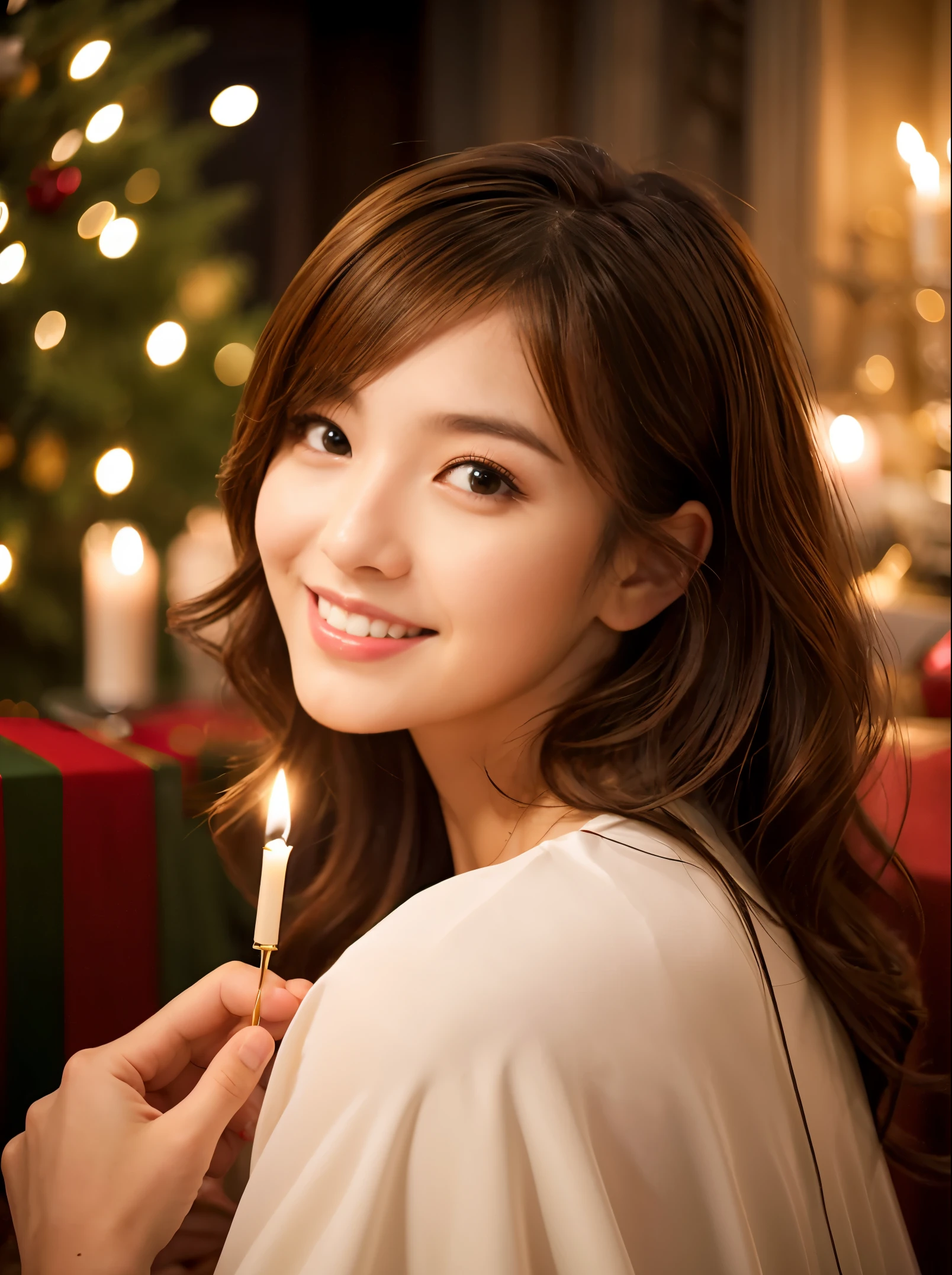 christmas in the cathedral,Mysterious Maiden,  member of the choir ,hold a candle, closed mouth smile, Sparkling hair waving in the wind,  Loved by everyone, Best Quality,Above the knee , Christmas Backgrounds ,  masutepiece, hight resolution, (Detailed:1.4), 1 girl, (Natural Eyeliner), light brown hair, Natural-looking makeup, eyeshadows, very thin eyebrows,  Wavy Hair