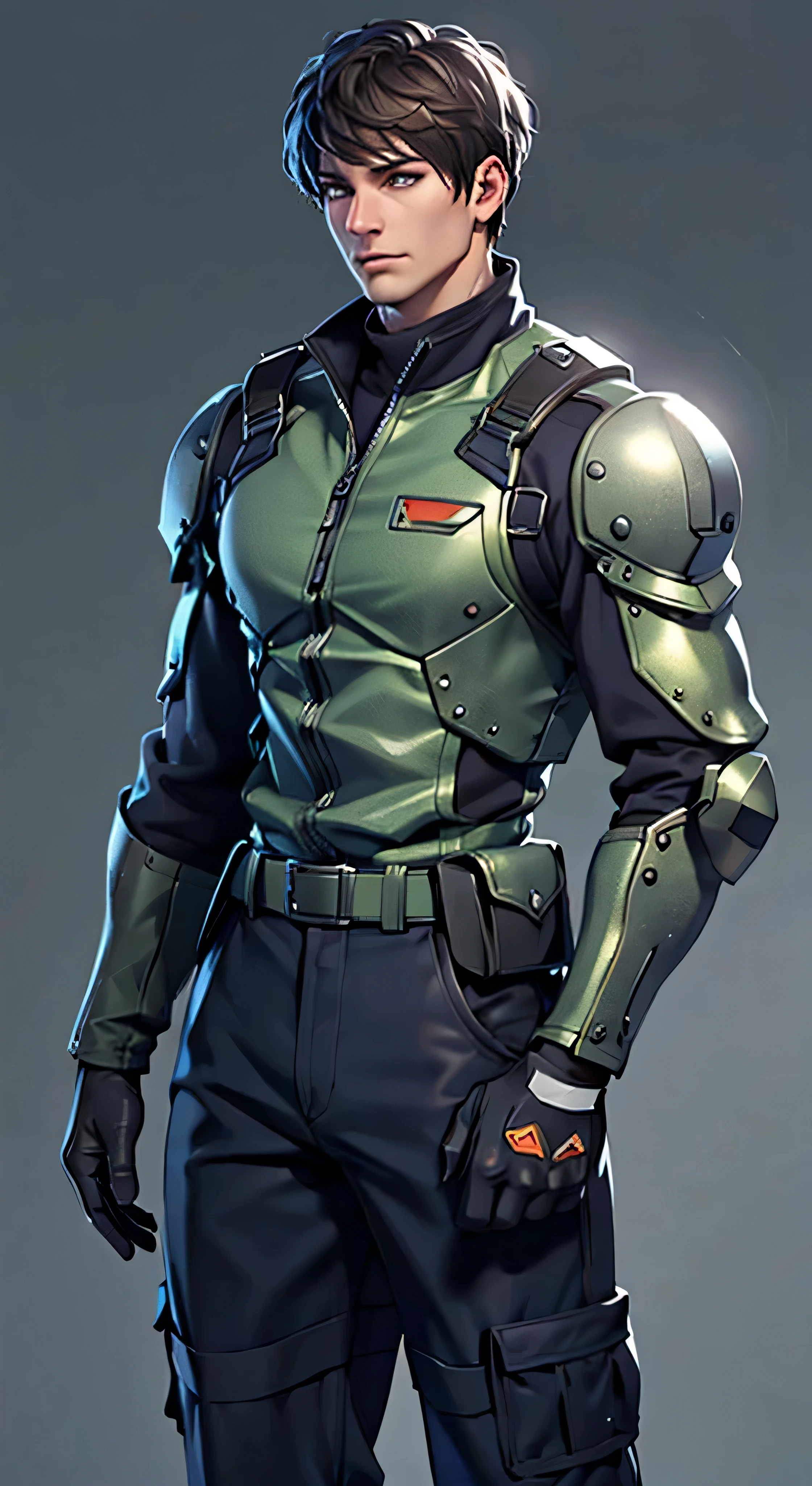 11:23(((Best quality at best: 1.4))),(Unbeatable masterpiece), (hyper HD),(Hyper-realistic 8k CG)、（dark colored hair） ((( body))), (((1男性))), 40-year-old American soldier with perfect body,,Beautiful and well-groomed face,muscular body:1.2,Solid royal blue jacket with details, (Pictures from head to thighs，Complex equipment，long trousers，The clothes inside are dark，Clothes with armored metal electronic parts,  )
