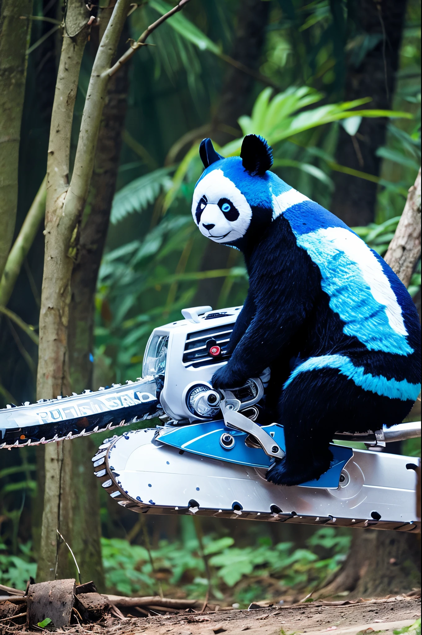 A blue panda with a chainsaw