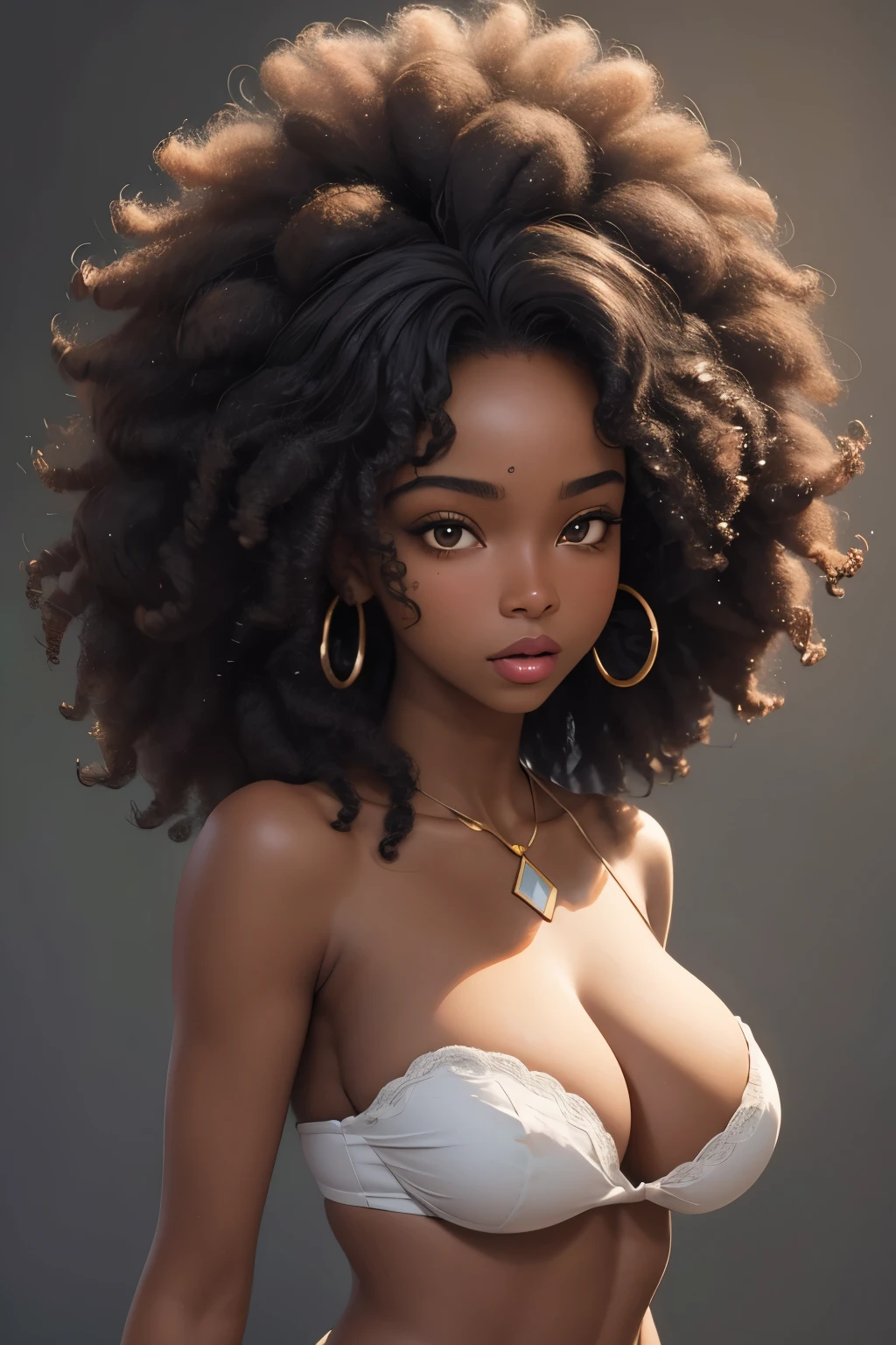 (masterpiece, best quality), deep ebony 1girl, beautiful face, massive curly afro