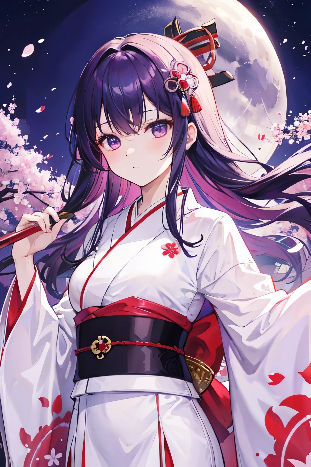 dark purple hair, white red kimono dress, shrine background, masterpiece, best quality, high quality, moonlight, cherry blossoms flowing