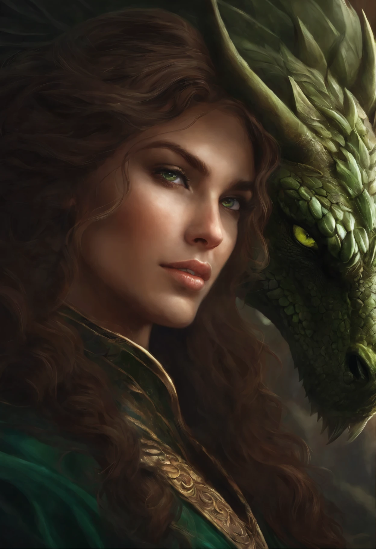 close-up of a woman with brown curls and green eyes, facing the dragon, epic fantasy art style, dark fantasy style art, portrait of fin wildcloak, detailed fanart, Fantasy genre portrait, epic fantasy art portrait, graphic artist magali villeneuve, fantasy male portrait, The Man with the Soul of a Dragon, epic fantasy style art, epic fantasy digital art style