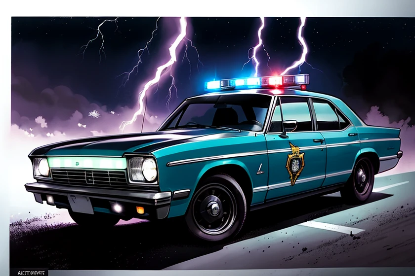 ((comic styled)), police car stopped black and white, luzes azuis e vermelhas, estrada de terra, fazenda Noturna, particules, Chuva leve, noite, Chuva, graves, lightning flashes, fundo detalhado, (arte de Frank Miller), ((empty hands)), obra-prima, (realista:1.erfect lighting, sombreamento perfeito, (textura realista do tecido), hiper-realista, (fotorrealista:1.5)