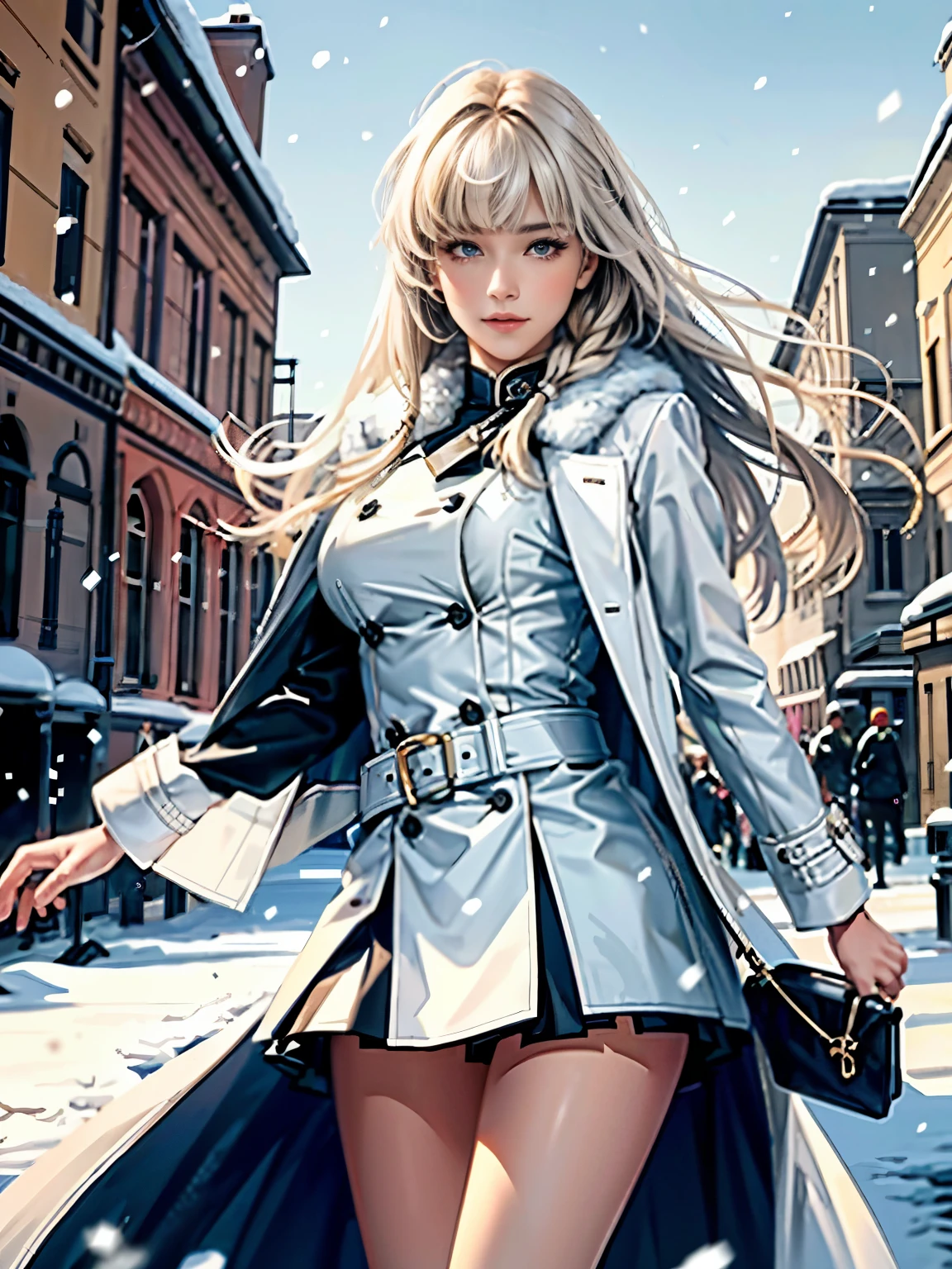 (highest resolution, distinct_image) Best quality, single person, one girl, solo, masterpiece, highly detailed, realistic, long hair, braided white blond hair, (blue military uniform underneath the coat), depth of field, outdoor background, (falling snow), ((big breasts)), authoritative, dignified, calm and powerful expression, ambient lighting, exquisite facial feature, (fur-trimmed white coat), open coat, short skirt, looking at viewer, head to waist, in a terrace of a monumental building, (((front bangs))), dynamic angle, striking a pose, light smile, detailed background