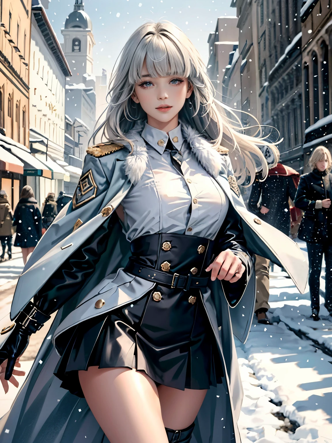 (highest resolution, distinct_image) Best quality, single person, one girl, solo, masterpiece, highly detailed, realistic, long hair, braided white blond hair, (blue military uniform underneath the coat), outdoor background, (falling snow), ((big breasts)), authoritative, dignified, calm and powerful expression, ambient lighting, exquisite facial feature, (fur-trimmed white coat), open coat, short skirt, looking at viewer, head to waist, in a terrace of a monumental building, (((front bangs))), dynamic angle, striking a pose, light smile, detailed background