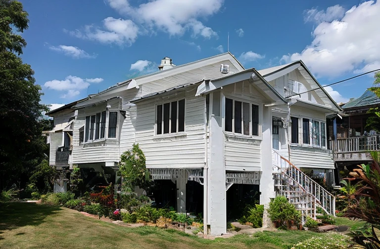 there is a white house with a green roof and a balcony, exteriors, by Elizabeth Durack, old house, craftsman home, colonial house in background, suburban home, exterior, wikimedia, centre image, wooden house, houses on stilts, cottage, wooden cottage, colonial style, white building, photo of a beautiful, village house, very ornate