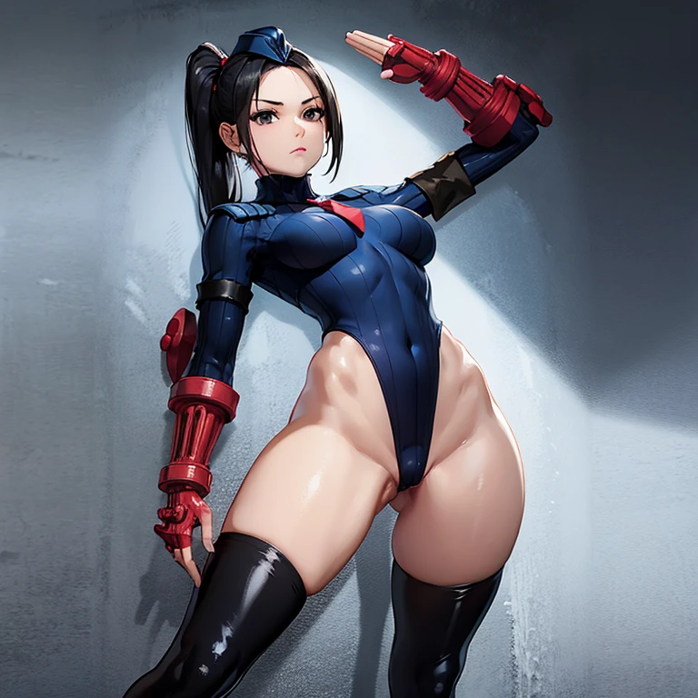 ultra-detailed, Explicit, Beautiful body, Beautiful Nose, Beautiful character design, perfect eyes, perfect face, ultra highres, 4K, beautiful legs, perfect legs, Nice hands, Perfect hand, Masterpiece, Best Quality, Highly detailed, illustration, absurdres, street fighter, doll suit, shadaloo doll, dollsuit, expressionless, blank eyes, looking at viewer, red gloves, emotionless, black latex, corrution, mind control, female combatant, full body, hypnotized, unhappy trance, full body suit, ribbed bodysuit, both arms at side, obey, perfect female body, extremely glossy latex, hypnosis, hypnoLora, empty eyes, Mind control device, poses, submissive_pose, Slave, hat, necktie, stand up straight, standing, standing at attention, hat, necktie, belt, latex, ribbed bodysuit, thighhighs, garter belt, Fighting Stance, extending the right arm from the shoulder into the air with a straightened hand, nazi saluting, military, military saluting, salute, thigh boots, 1girl, Black hair, ponytail, long hair, black eyes, mask, latex mask