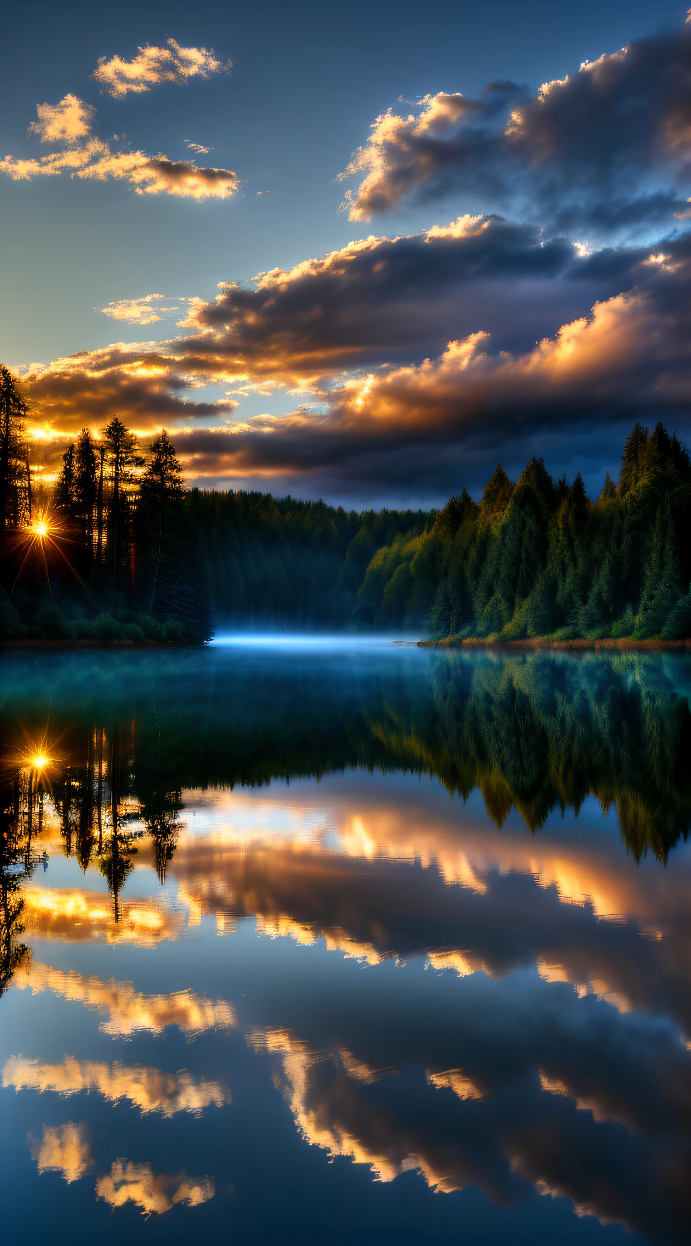 wallpaper, summer, lake, dawn, forest, detailed forest, clouds, masterpiece, cinematic, soft light, depth of field, ray tracing, reflection in water, realism, ulra detailed,
