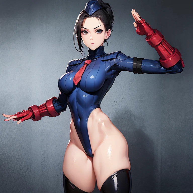 ultra-detailed, Explicit, Beautiful body, Beautiful Nose, Beautiful character design, perfect eyes, perfect face, ultra highres, 4K, beautiful legs, perfect legs, Nice hands, Perfect hand, Masterpiece, Best Quality, Highly detailed, illustration, absurdres, street fighter, doll suit, shadaloo doll, dollsuit, expressionless, blank eyes, looking at viewer, red gloves, emotionless, black latex, corrution, mind control, female combatant, full body, hypnotized, unhappy trance, full body suit, ribbed bodysuit, both arms at side, obey, perfect female body, extremely glossy latex, hypnosis, hypnoLora, empty eyes, Mind control device, poses, submissive_pose, Slave, hat, necktie, stand up straight, standing, standing at attention, hat, necktie, belt, latex, ribbed bodysuit, thighhighs, garter belt, Fighting Stance, extending the right arm from the shoulder into the air with a straightened hand, nazi saluting, military, military saluting, salute, thigh boots, 1girl, Black hair, ponytail, long hair, black eyes, mask, latex mask