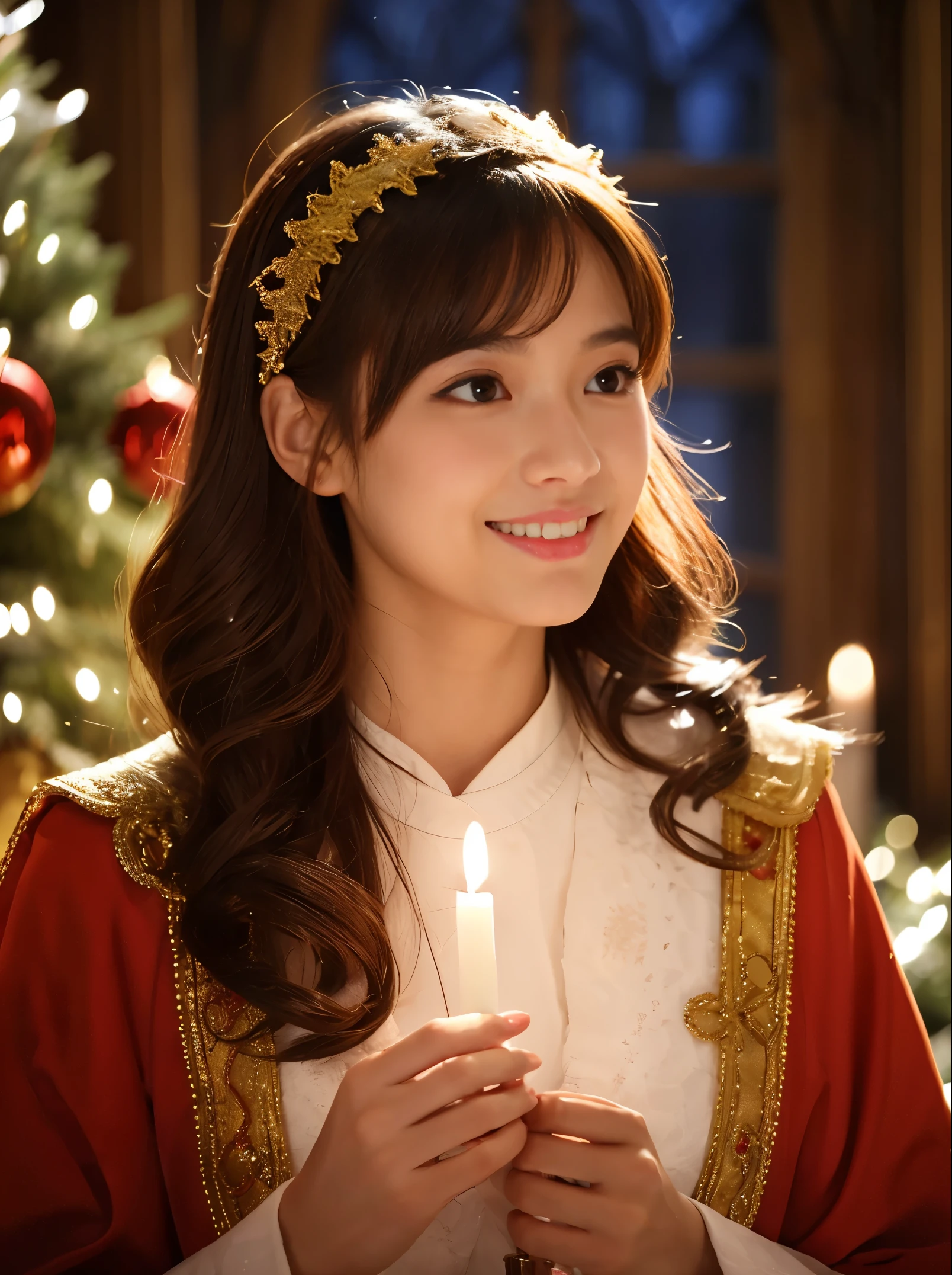 christmas in the cathedral,Mysterious Maiden,  member of the choir ,hold a candle, closed mouth smile, Hair fluttering in the wind,  Loved by everyone, Best Quality,Above the knee , Christmas Backgrounds ,  masutepiece, hight resolution, (Detailed:1.4), 1 girl, (Natural Eyeliner), light brown hair, Natural-looking makeup, eyeshadows, very thin eyebrows,  Wavy Hair