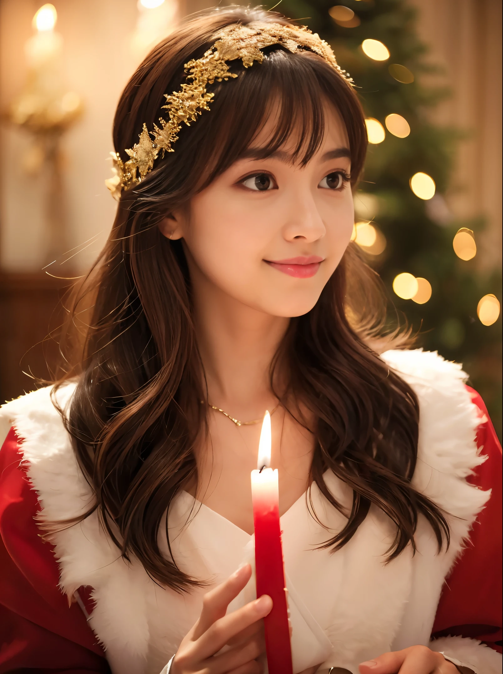 christmas in the cathedral,Mysterious Maiden,  member of the choir ,hold a candle, closed mouth smile, Hair fluttering in the wind,  Loved by everyone, Best Quality,Above the knee , Christmas Backgrounds ,  masutepiece, hight resolution, (Detailed:1.4), 1 girl, (Natural Eyeliner), light brown hair, Natural-looking makeup, eyeshadows, very thin eyebrows,  Wavy Hair