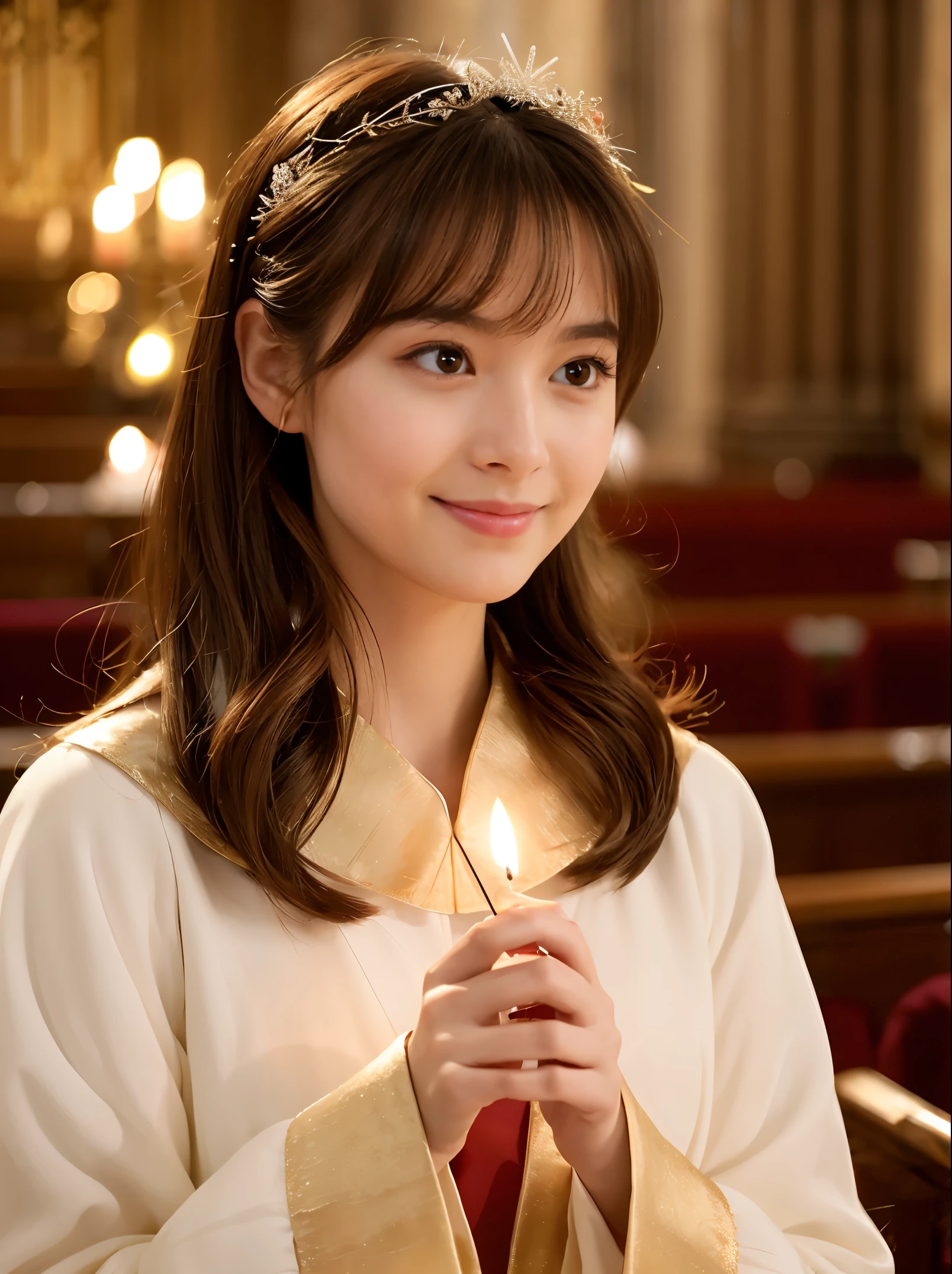 christmas in the cathedral,Mysterious Maiden, member of the choir ,hold a candle, closed mouth smile, Hair fluttering in the wind, Loved by everyone, Best Quality,Above the knee , Christmas Backgrounds , masutepiece, hight resolution, (Detailed:1.4), 1 girl, (Natural Eyeliner), light brown hair, Natural-looking makeup, eyeshadows, very thin eyebrows, Wavy Hair