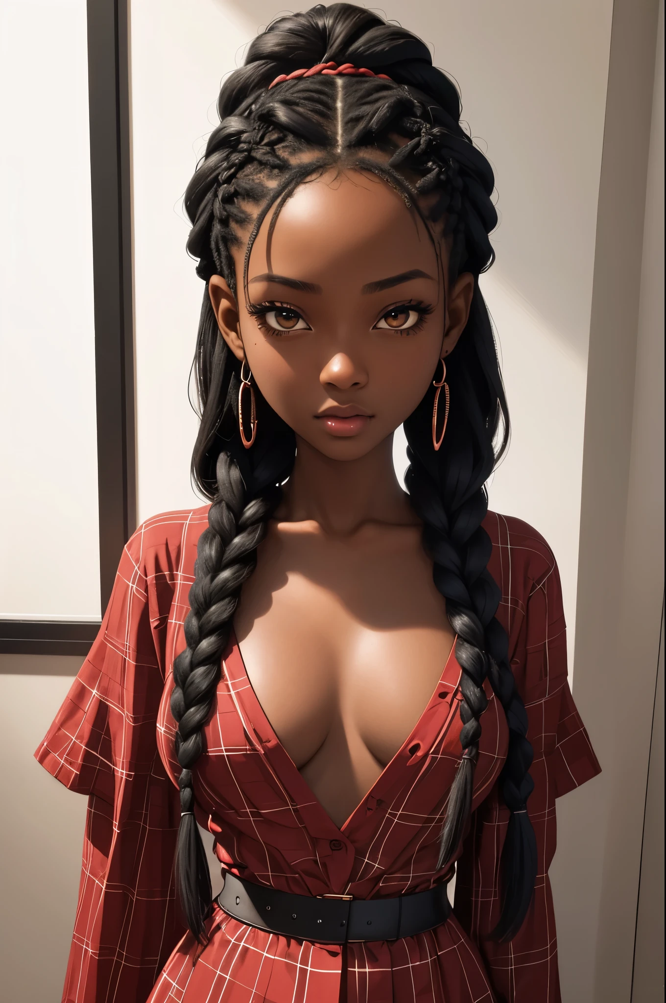 (masterpiece, best quality), deep ebony 1girl, beautiful face, freely hanging braids, red checks.