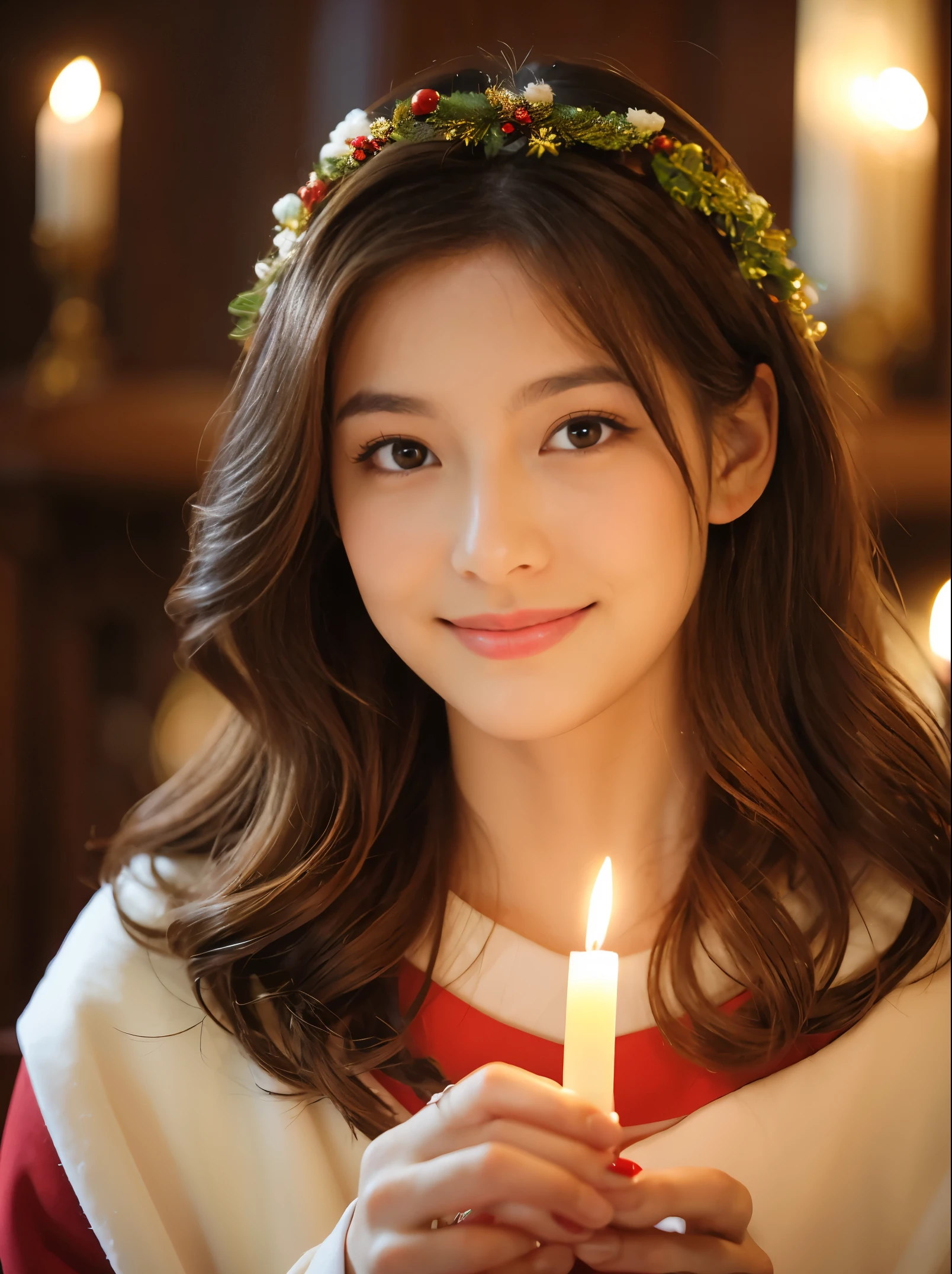 christmas in the cathedral,Mysterious Maiden, member of the choir ,hold a candle, closed mouth smile, Hair fluttering in the wind, Loved by everyone, Best Quality,Above the knee , Christmas Backgrounds , masutepiece, hight resolution, (Detailed:1.4), 1 girl, (Natural Eyeliner), light brown hair, Natural-looking makeup, eyeshadows, very thin eyebrows, Wavy Hair