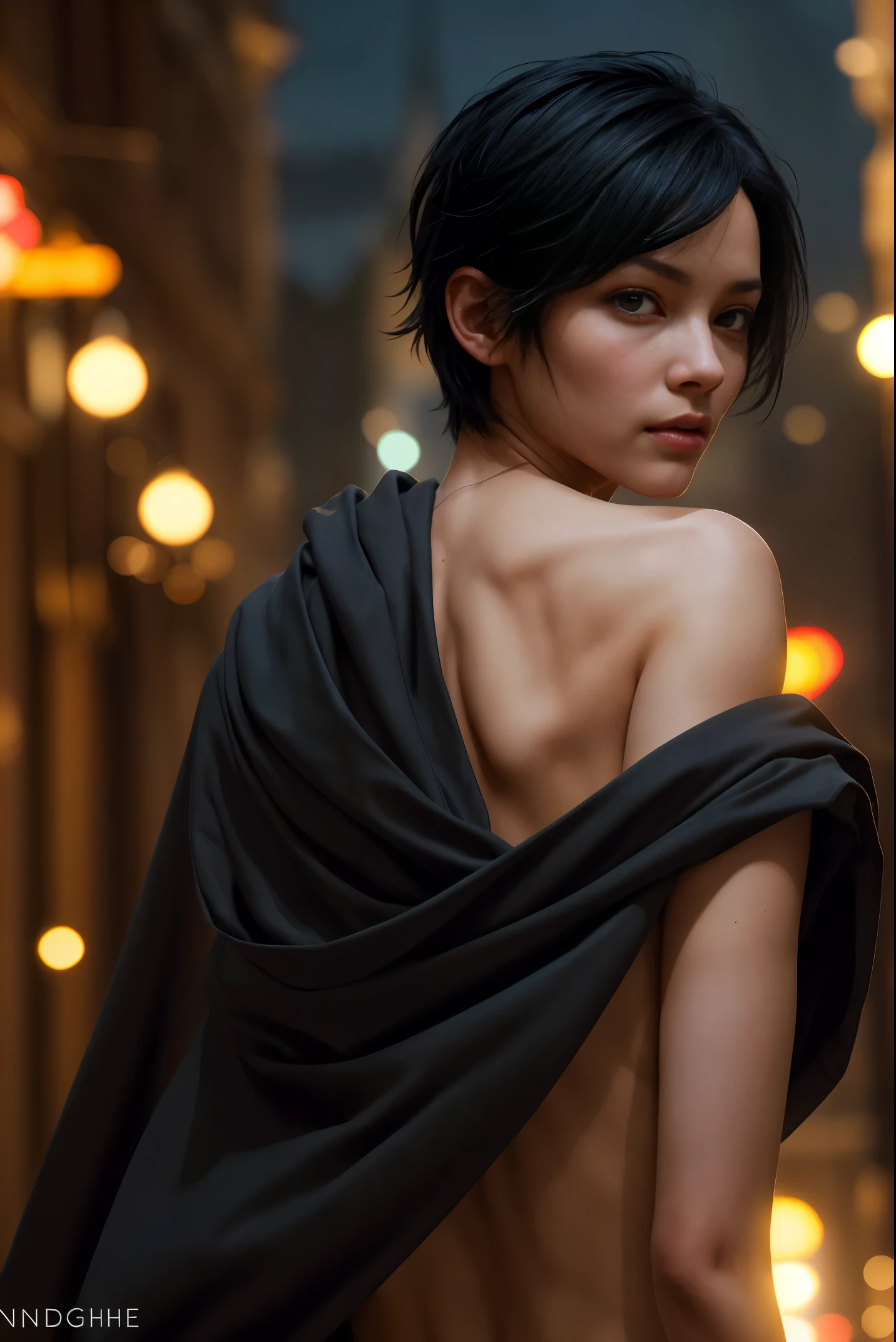 A beautiful female rogue, short black hair, D&D aesthetic, naked, cloak, high detail face, high detail skin, 8, HDR, high resolution, photo-realistic, cinematic lighting, depth of field, bokeh, rim lighting, backlit, cool colours, night, from behind