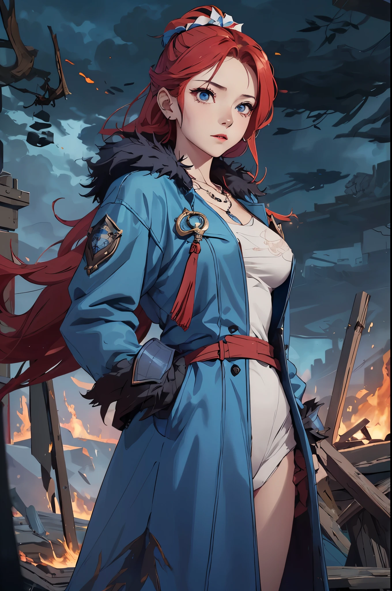 atmospheric scene,  masterpiece,  best quality,  (detailed face,  detail skin texture,  ultra-detailed body),  (cinematic light:1.1),  r0seb7rne-smf | red hair,  long red hair
((1girl)),  long red hair,  (purple eyes),  dark blue armor,  sorceress clothing,  black and blue metal necklace,  ,  upset facial expression,  apocalyptic fantasy landscape,  science fiction,  cinematic blur,  dynamic lights., witch,  (black eye irilue  eyes,  white skin, armor,  swort,  fire,  battlefield,  dark sky,  blue clouds,  blue feather coat,  big coat,  elegant fur coat,  Dark blue coat,  Big breasts,