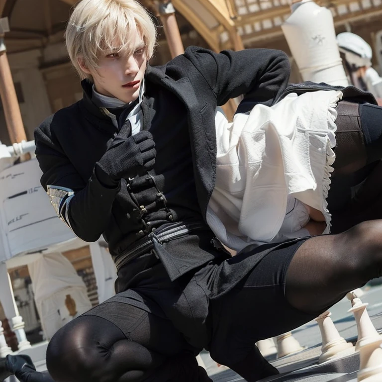 (2 males, empty background, human chess, white pawn kills black knight, beautiful eyes, male tights, male crotch bulge, buttocks:1.5)