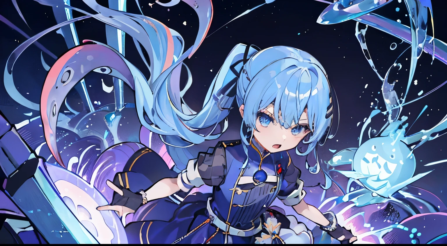 At Zark'hideout。Petit Lolyserg Queen,my body is full of tentacles,catch someone with tentacles,Tentacles reach human mouth, Zerg girls talking about human nutrition。Powder blue hair、Short double ponytail It's a cute loli