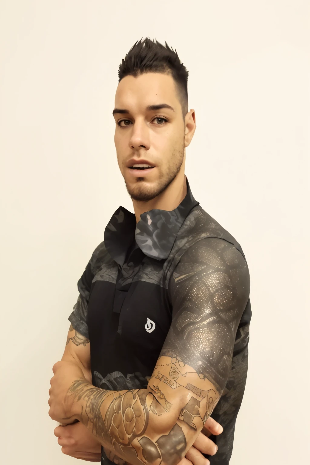 Teenage boy , keeper ,tattoos on half forearms 18 years old, military haircut, black hair, green eyes fixed, affiliated features, no facial hair, height 1.93, weight 100 kg, aesthetic muscular build, broad shoulders, V-shaped body, full body focus, completely hairless, 