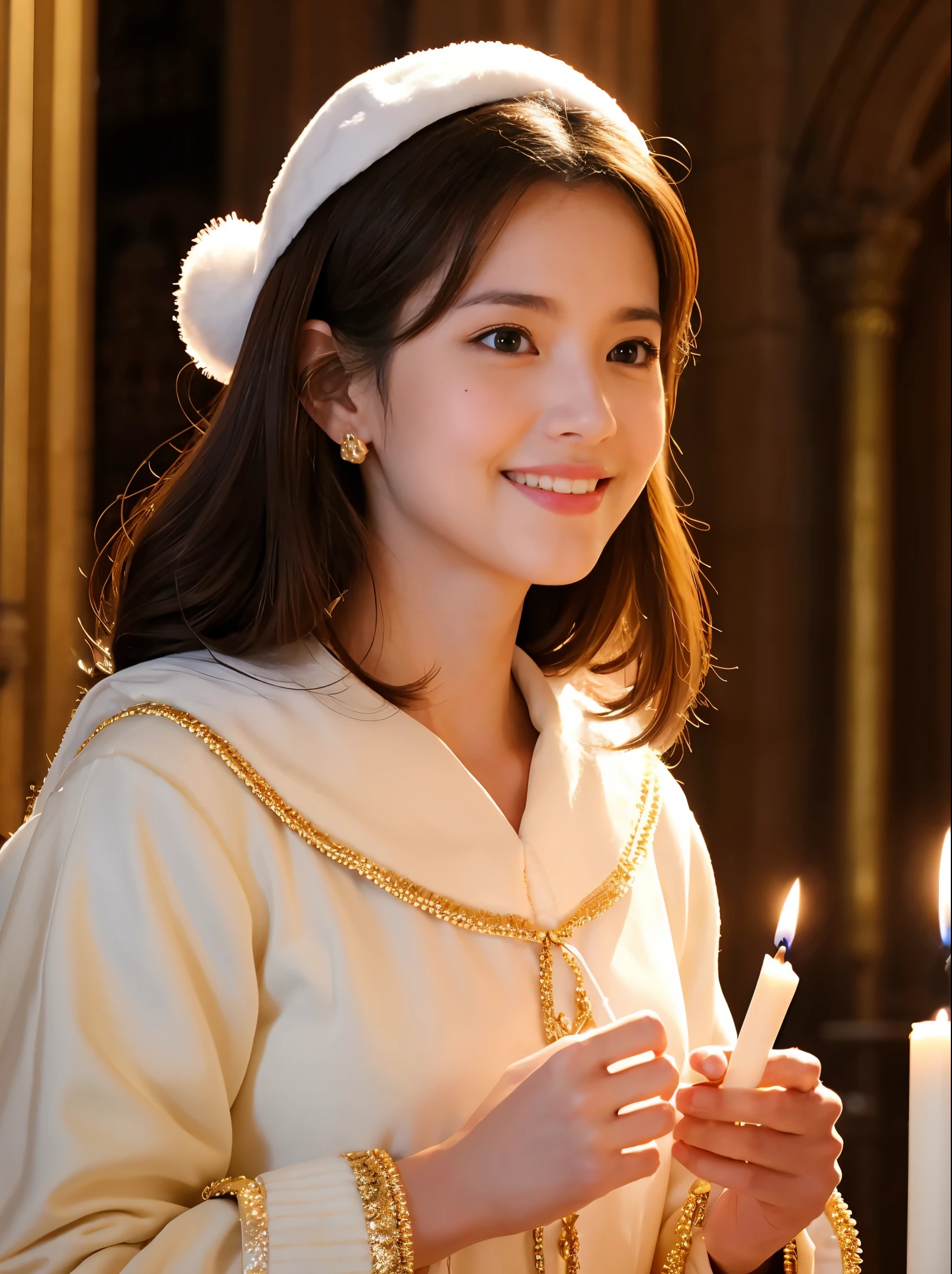 christmas in the cathedral,Mysterious Maiden, member of the choir ,hold a candle, closed mouth smile, Loved by everyone, Best Quality,Above the knee , Christmas Backgrounds , masutepiece, hight resolution, (Detailed:1.4), 1 girl, (Natural Eyeliner), light brown hair, Natural-looking makeup, eyeshadows, very thin eyebrows, Wavy Hair