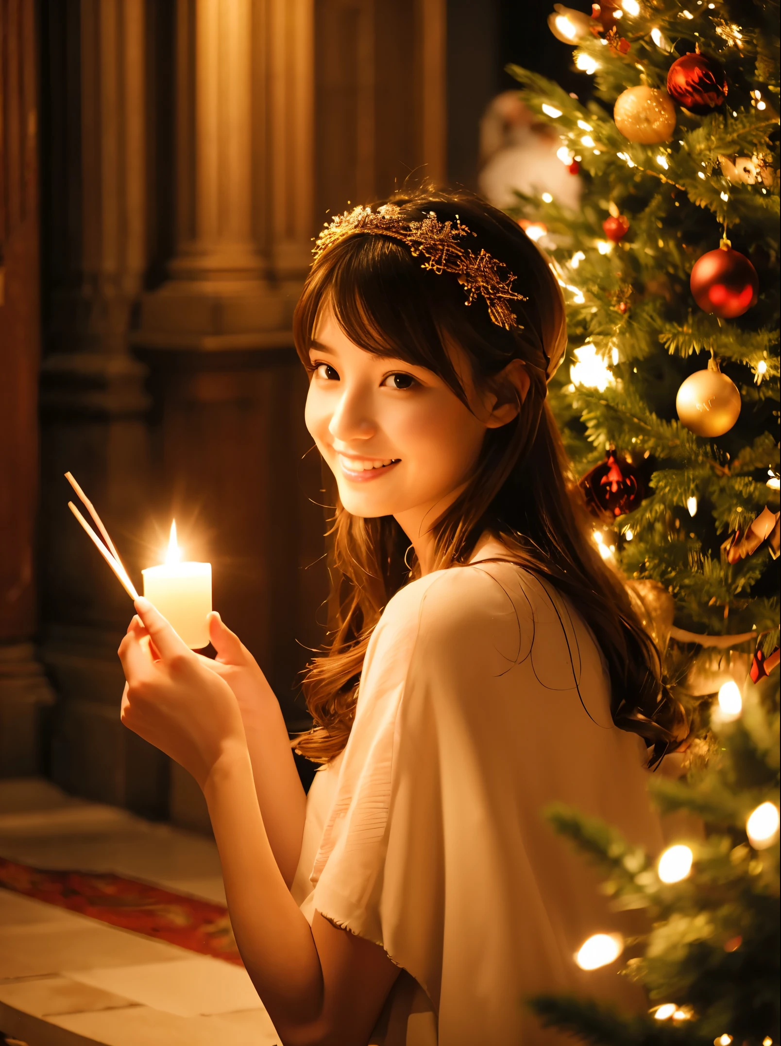 christmas in the cathedral,Mysterious Maiden, member of the choir ,hold a candle, closed mouth smile, Loved by everyone, Best Quality,Above the knee , Christmas Backgrounds , masutepiece, hight resolution, (Detailed:1.4), 1 girl, (Natural Eyeliner), light brown hair, Natural-looking makeup, eyeshadows, very thin eyebrows, Wavy Hair