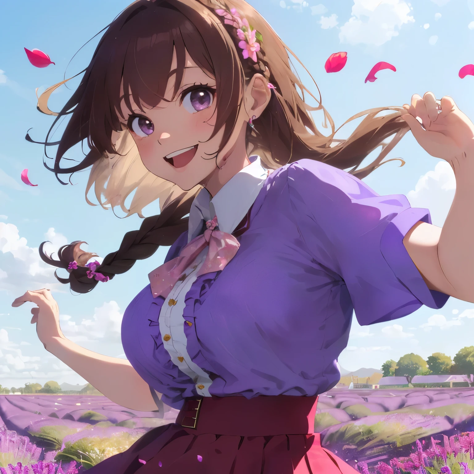 ((Brown hair)),((Braided shorthair)),((With black eyes)),Slight red tide,(refreshing floral blouse:1.3),(flered skirt:1.3),(Skirts with ruffles:1.25),(The hem of the skirt is long enough to reach the ground:1.3),(shortsleeves:1.4),(Accessories and hair ornaments with flower motifs),(light purple lavender field:1.5),Kamimei,(Delicious looking face:1.35),(Petals sway in the wind and dance:1.25),(Happy smile),(huge smile:1.25),(The colors of the clothes are white, pink, red, and yellow.:1.25),(Jump on the fly:1.4)