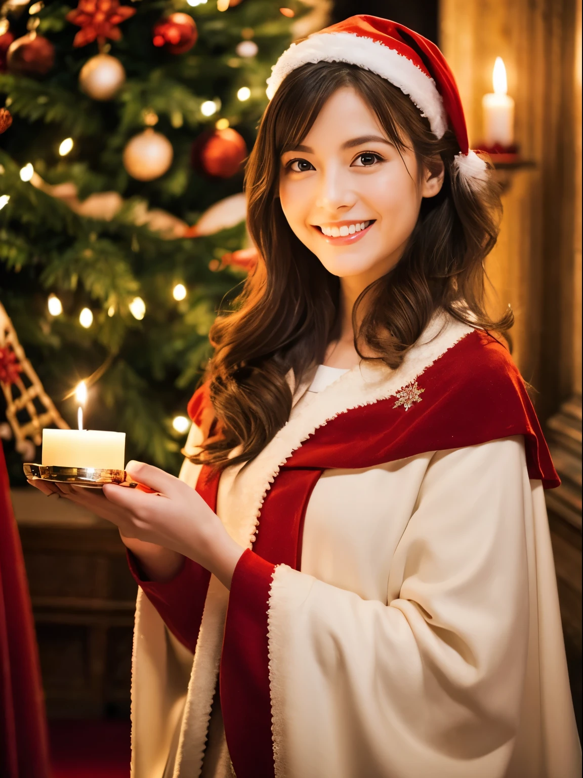 christmas in the cathedral,Mysterious Maiden,  member of the choir ,hold a candle, A smile that doesn&#39;t show teeth,  Loved by everyone, Best Quality,Above the knee , Christmas Backgrounds ,  masutepiece, hight resolution, (Detailed:1.4), 1 girl, (Natural Eyeliner), light brown hair, Natural-looking makeup, eyeshadows, very thin eyebrows,  Wavy Hair