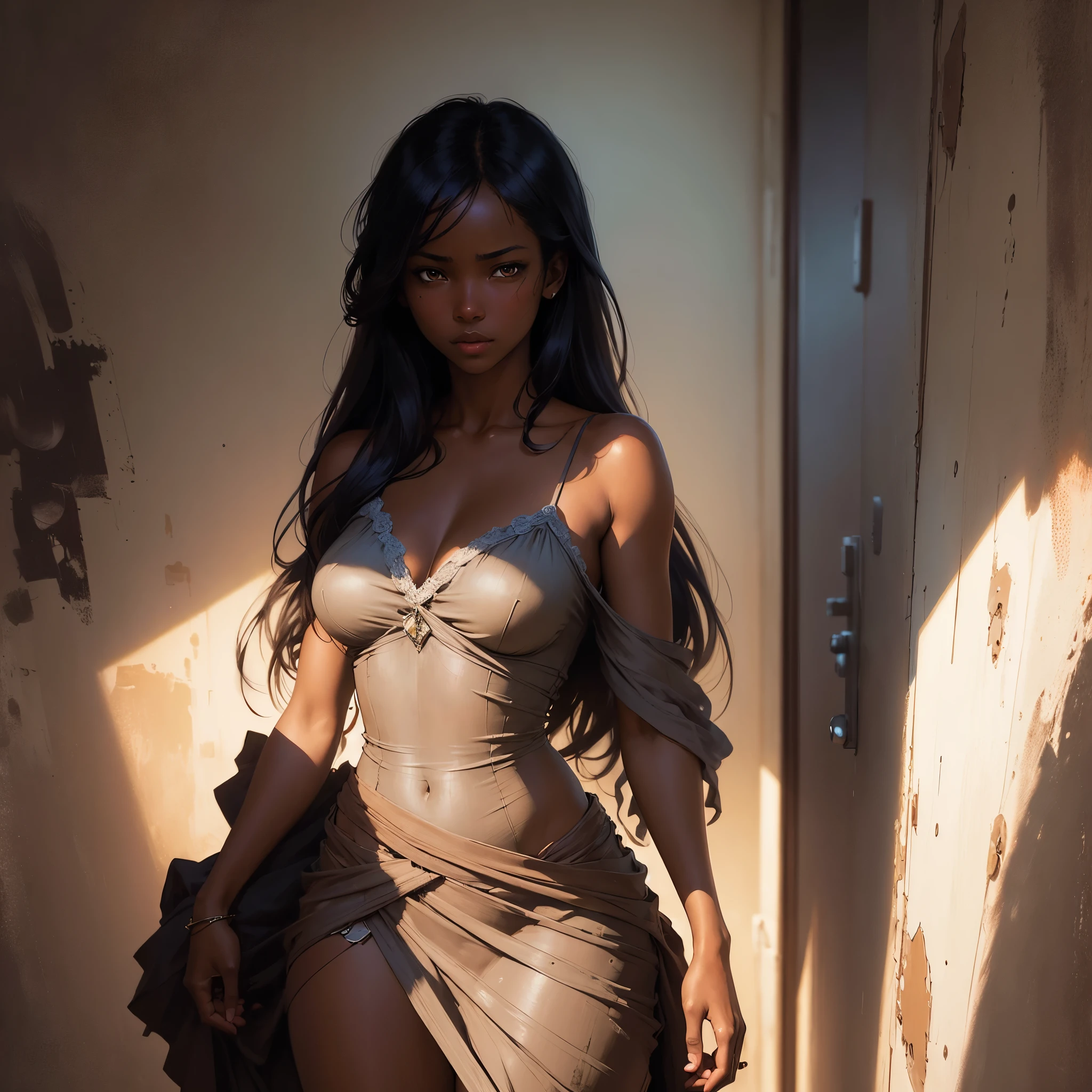 ((Solo Beautiful Carribean woman with dark skin and striking eyes)), shadowed interior background, art by akihiko yoshida, manga art style, color field illustration, scary atmosphere, global illumination, by frank frazetta, art by goro fujita, glamor shot, banner, blur, anime key visual, photorealistic dramatic anime girl, intricately detailed, chiaroscuro, pino daeni, impressionist