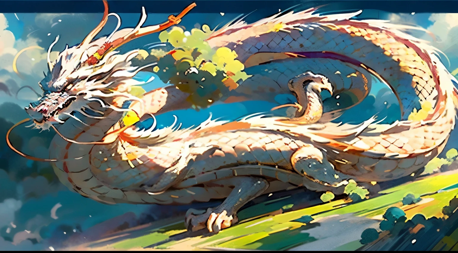 A white dragon is flying away in the distance,full body,(Best Quality,4K,8K,hight resolution,masutepiece:1.2,Realistic,Use natural light and color),Ultra-realistic capture, Highly detailed, The texture of the scales should be natural, beautiful and magnificent composition,clear sky,Chinese dragons are sacred and majestic,Dragons have long bodies like snakes.,dragons have four legs,Please take a picture of the whole dragon,