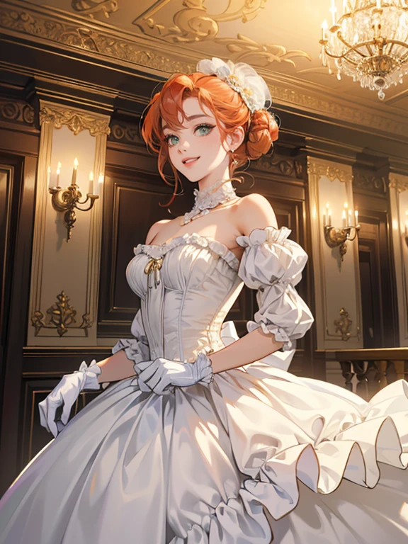 (absurdres, highres, ultra detailed), 1 woman, solo, (1 female with red-orange hair styled in victorian updo, white flowers in her hair, wearing white ballroom dress, low cut dress, showing neck, clavicles, shoulders exposed, evening dress, white dress with puffy sleeves, long white gloves, minimal make up, green eyes, expression: smiling happily)(pose: curtsy, holding her skirt in curtsy)(background: ballroom, victorian ballroom, many guests in the background, cool evening lighting, evening sky seen through the french windows, chandelier on ceiling)