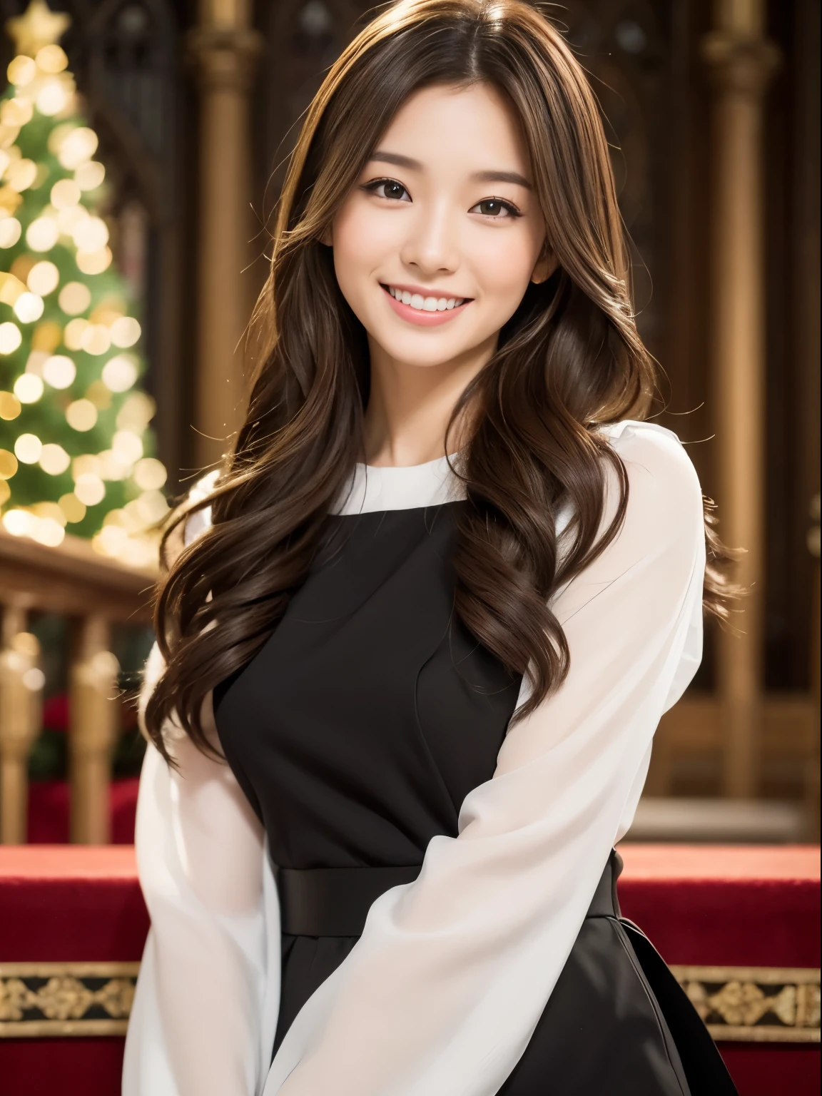kindly smile, A smile loved by everyone, Best Quality,Above the knee , Inside the cathedral ,マリアのようなkindly smile, Christmas Backgrounds , masutepiece, hight resolution, (Detailed:1.4), 1 girl, (Natural Eyeliner), light brown hair, Natural-looking makeup, eyeshadows, very thin eyebrows, Wavy Hair