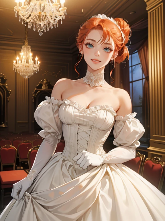 (absurdres, highres, ultra detailed), 1 woman, solo, (1 female with red-orange hair styled in victorian updo, white roses on her hair, wearing white ballroom dress, low cut dress, showing neck, clavicles, shoulders exposed, evening dress, white dress with puffy sleeves, long white gloves, minimal make up, green eyes, expression: smiling happily)(pose: curtsy, holding her skirt in curtsy)(background: ballroom, victorian ballroom, many guests in the background, cool evening lighting, evening sky seen through the french windows, chandelier on ceiling)