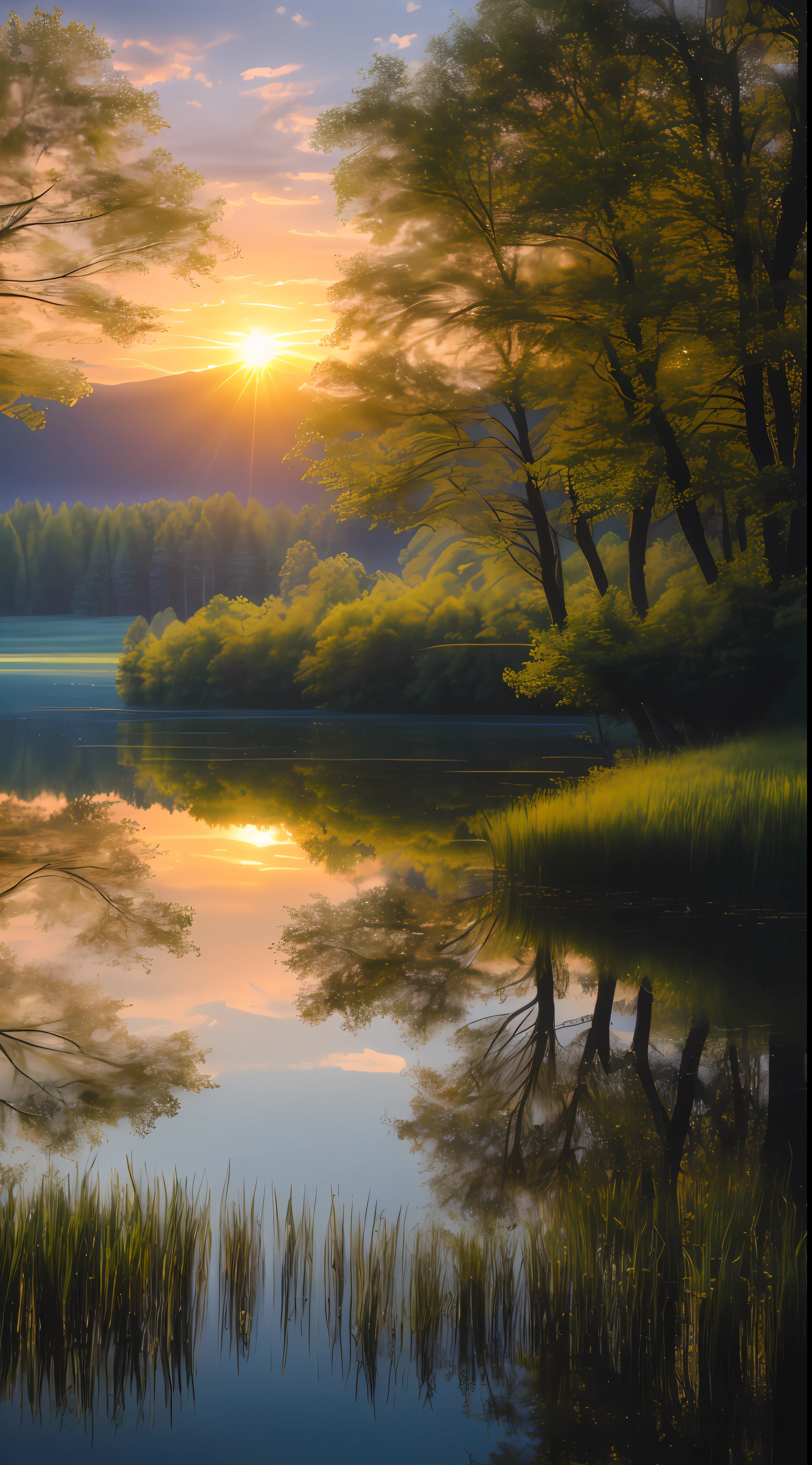 Wallpaper, summer, lake, dawn, forest, clouds, dawn background, depth of field, HD detail, hyperdetail, cinematic, soft light, deep field focus bokeh, ray tracing, diffuse (ultra-fine glass reflection) and realism. --v6