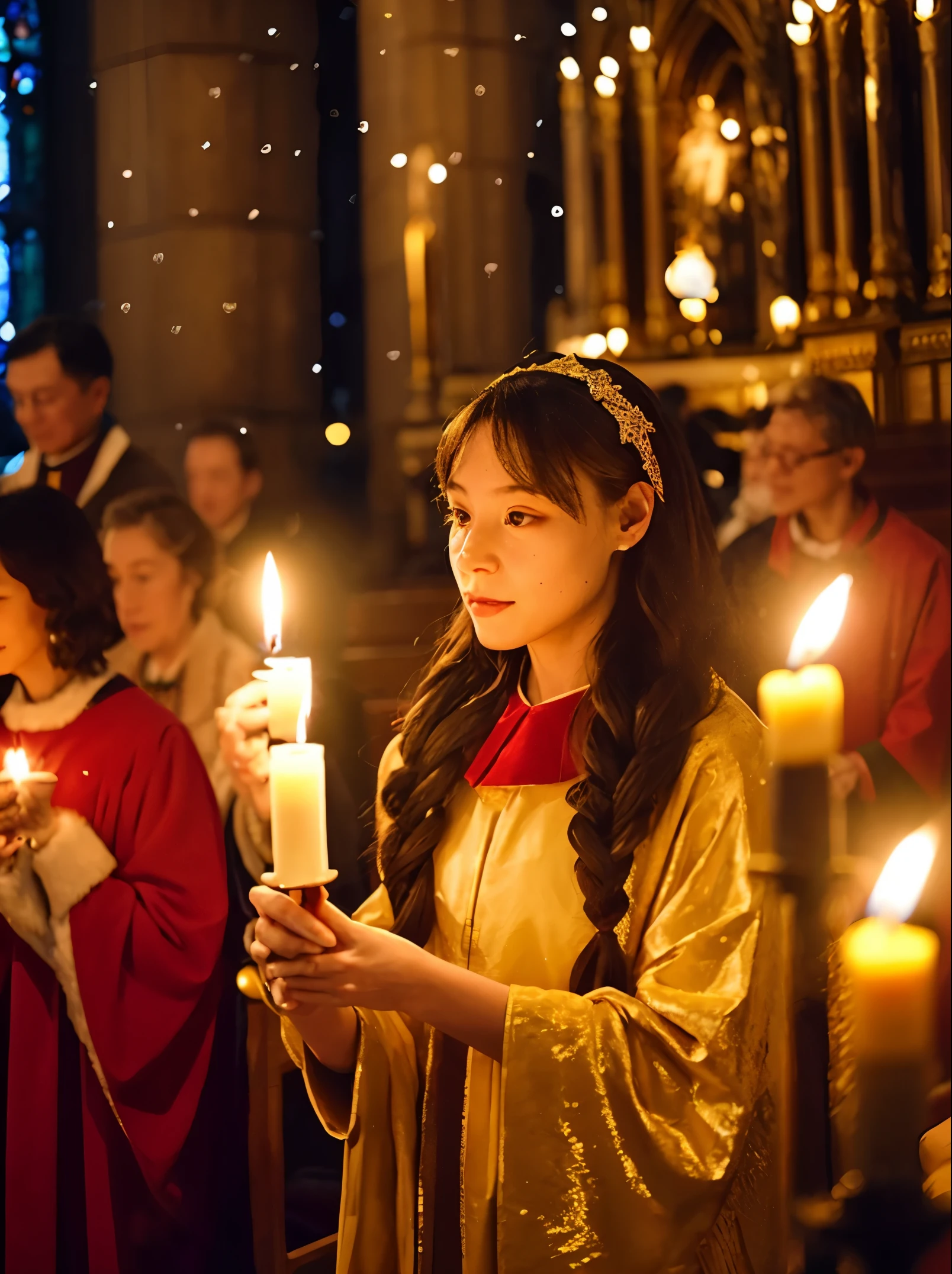 christmas pageant, person with candle々 , cathedral, A choir full of people sings, Solemn atmosphere, Inside the church where countless candles shine  , candle light, Holy Night  , Holy Night