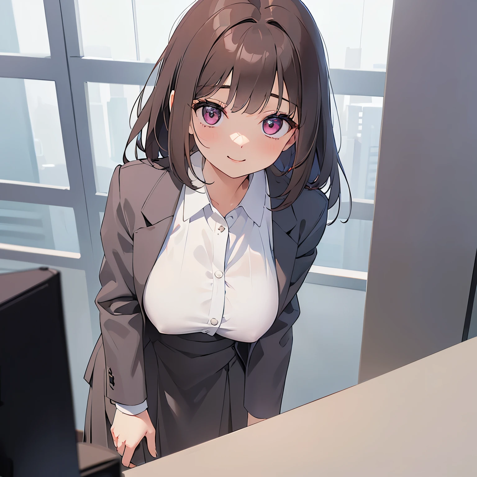 (leaning forward:1.3)、Shooting from above、masterpiece、top-quality、 A 25-year-old woman with medium hair and pink eyes with brown bangs.、(Wearing a gray suit:1.1)、(wearing a gray skirt:1.1)、white shirt、(shy:1.3)、smile, (Staring:1.5)、is standing、The background is office、Bold composition、Upper body is shown、Alone、