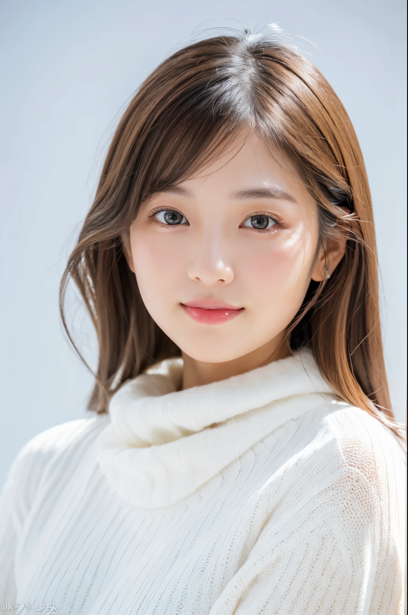 Young japanese lady, 30s, White background, It features a simple背景, white-brown hair, slender, 4K, in 8K, High quality, Beauty, Beautiful eyes, It features a simple, High resolution,1 person,Beautiful skins,Beautiful skin,wearing a white knit,Winters,lipsticks,A slight smil